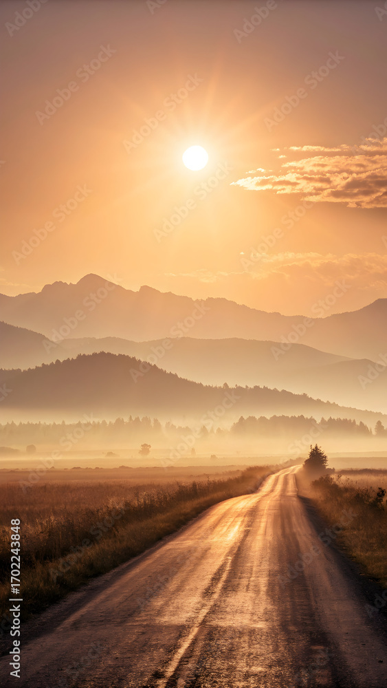 Fototapeta premium Scenic country road winding through misty valleys and mountains at sunrise with sunburst highway asphalt Full HD 4K Video Download 2025 2026