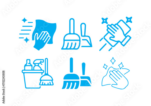 Blue Cleaning icon set. Cleaning, washing hands, shower, seminar, soap, respiratory mask, doodle line icons showing cleaning tools and supplies like spray bottle. vector illustration eps 10.