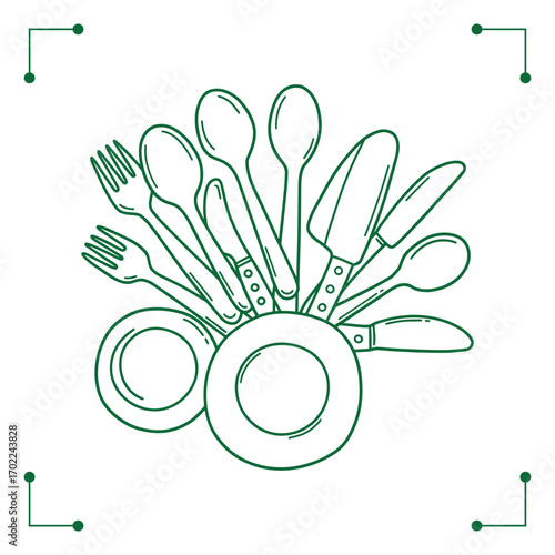 Kitchen Utensils and Plates Line Art Illustration.