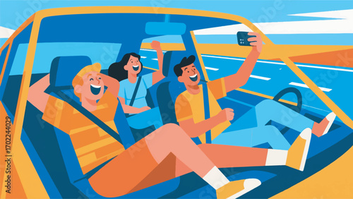 illustration of three friends on a road trip while taking selfies in the car vector design template