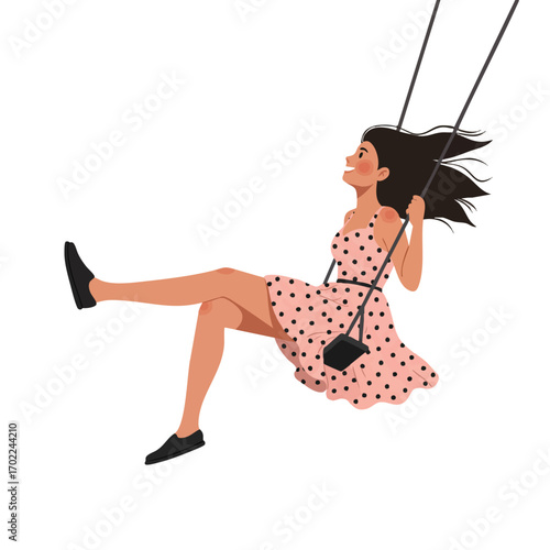 a girl in a polka-dot summer dress, swinging high with her legs straight out and hair flying back, her expression full of joy