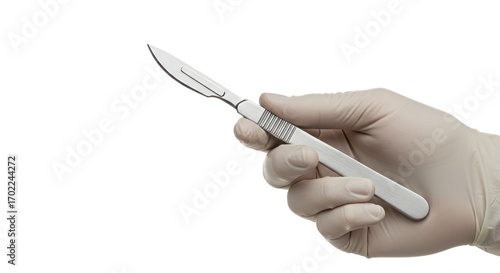 Surgical Scalpel Held in Gloved Hand, Isolated on White Background
