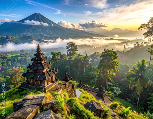 Beautiful Bali Temple with Mountain Landscape and Sunrise in Indonesia