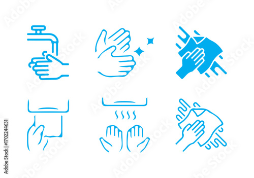 Blue Cleaning icon set. Cleaning, washing hands, shower, seminar, soap, respiratory mask, doodle line icons showing cleaning tools and supplies like spray bottle. vector illustration eps 10.