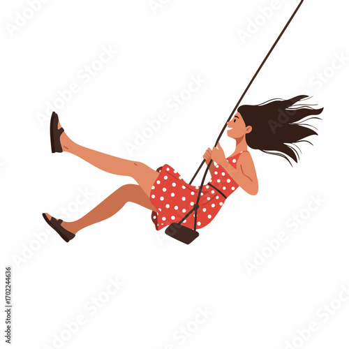 a girl in a polka-dot summer dress, swinging high with her legs straight out and hair flying back, her expression full of joy