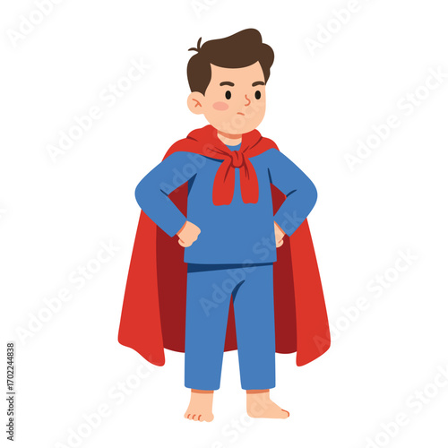  a boy wearing blue pajamas with a red blanket tied around his neck as a cape, standing with hands on his hips and chest puffed out, 