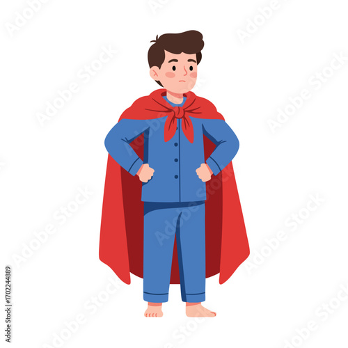 a boy wearing blue pajamas with a red blanket tied around his neck as a cape, standing with hands on his hips and chest puffed out, in the style of a comic book