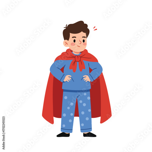  a boy wearing blue pajamas with a red blanket tied around his neck as a cape, standing with hands on his hips and chest puffed out, 