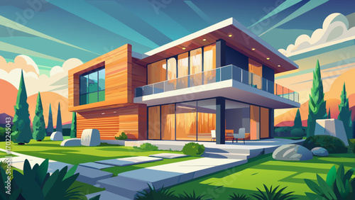 Contemporary European villa, combining smooth concrete, wood accents, and expansive windows, surrounded by manicured lawns and ambient lighting, exuding a stylish balance of nature and modernity