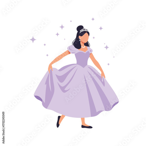 a girl wearing a flowing lavender ball gown and a sparkling tiara, performing an elegant curtsy, in the style of a sweet and fairy