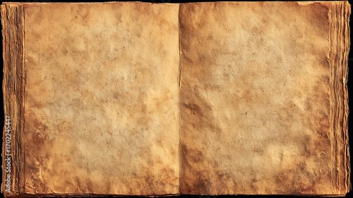 Ancient open book with aged parchment pages and rough edges