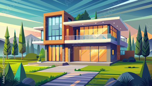 Contemporary European villa, combining smooth concrete, wood accents, and expansive windows, surrounded by manicured lawns and ambient lighting, exuding a stylish balance of nature and modernity
