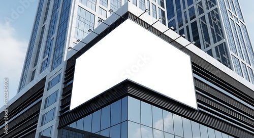 A blank billboard is mounted on the corner of a modern glass building against a blue sky.