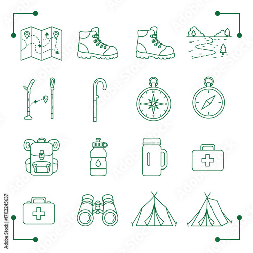 Outdoor adventure and camping gear line art icons set.