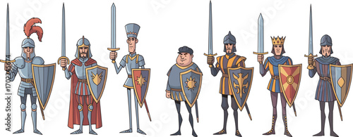 Cartoon medieval knights in armor with swords and shields, fantasy warrior characters in row, heraldic emblems, royalty and battle themes