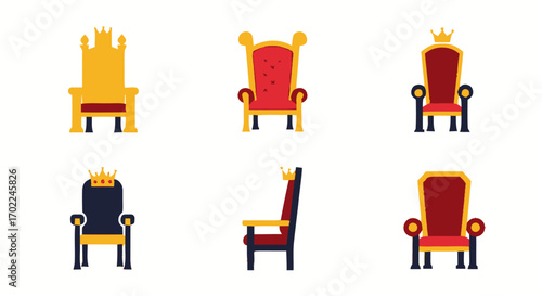 Collection of Six Cartoon Royal Thrones with Crowns in Various Colors.