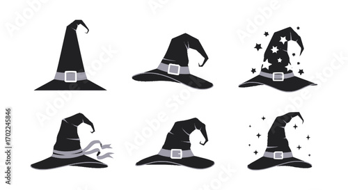 Collection of Six Black Witch Hats with Buckles Stars and Ribbons.