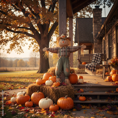 Front yard with thanksgiving scarecrow and scattered pumpkins, rustic charm, analogous palette of orange brown yellow tones, fall