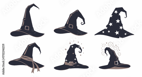 Collection of Witch Hats with Buckles, Stars, and Ribbons for Halloween