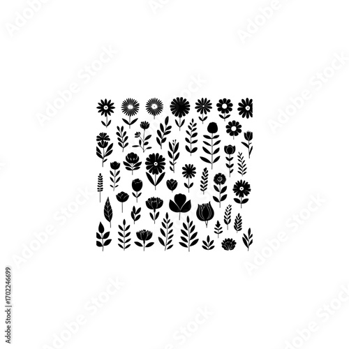 Black flower vector set feature abstract floral design silhouettes, and geometric patterns. Ideal for decoration, logos, and design projects.