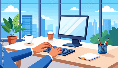 Wallpaper Mural Person typing on computer at desk with city view Torontodigital.ca