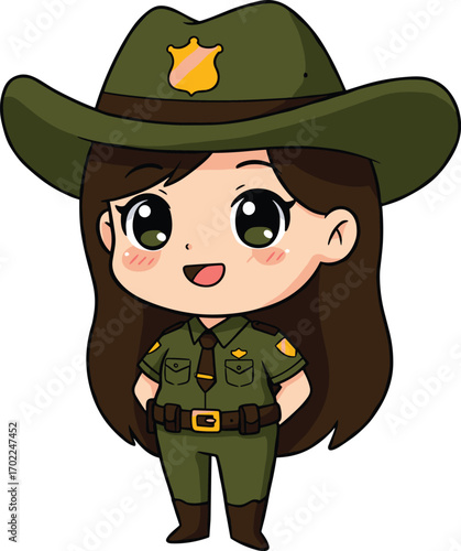 Adorable chibi-style female police officer character wearing green uniform, wide-brimmed hat with badge, cheerful expression, standing confidently.
