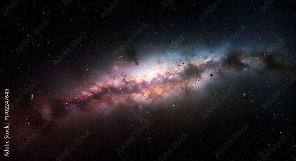 Fototapeta premium Dark cosmos backdrop with glowing stars, peaceful galaxy scene and infinite celestial environment