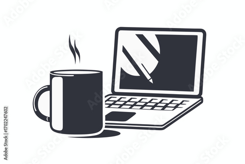 Minimalist Laptop and Coffee Mug on White Background Design