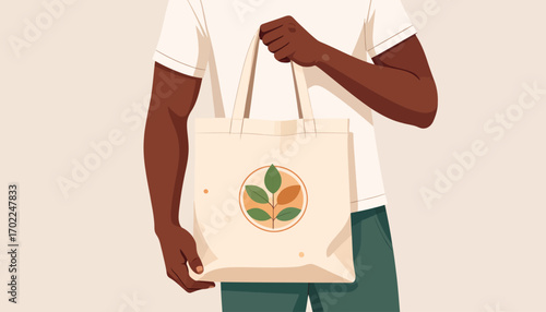 Person holding a reusable canvas tote bag with a nature inspired logo