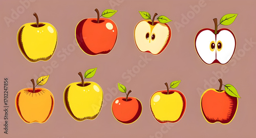set of apples vectors, apple vector set, red apples illustration, green apples vector, sliced apple clipart, whole apple drawing, apple icons pack, apple silhouette vector, apple outline set, fruit cl