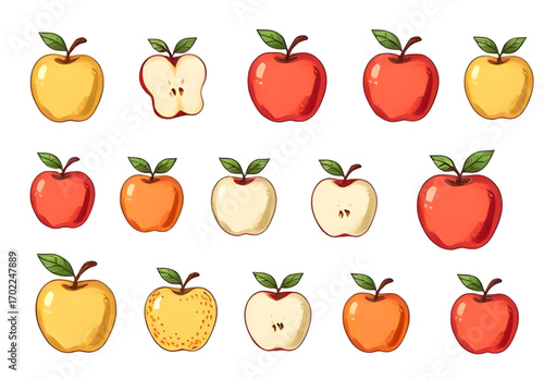set of apples vectors, apple vector set, red apples illustration, green apples vector, sliced apple clipart, whole apple drawing, apple icons pack, apple silhouette vector, apple outline set, fruit cl