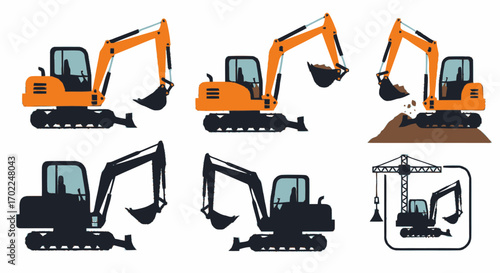 Vector Illustration of Orange Excavators in Various Poses and Black Silhouette Style