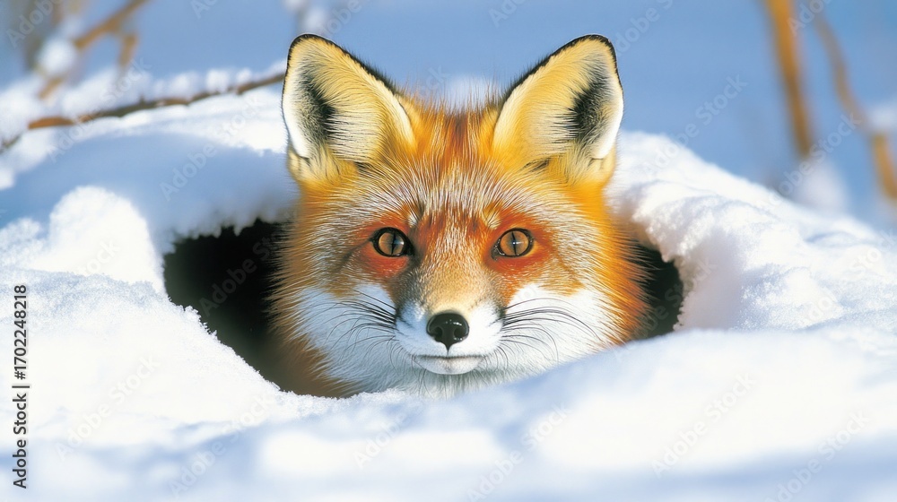 Fototapeta premium Fox peeking from snow den