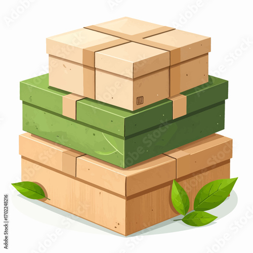 Stack of Cardboard Boxes with Green Leaves