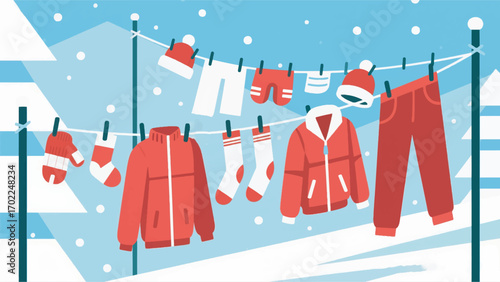illustration of winter clothes being dried on a clothesline with a snowy atmosphere vector design template