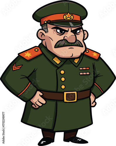 Cartoon angry military general character in green uniform with hat and medals, vector illustration of a tough army officer.