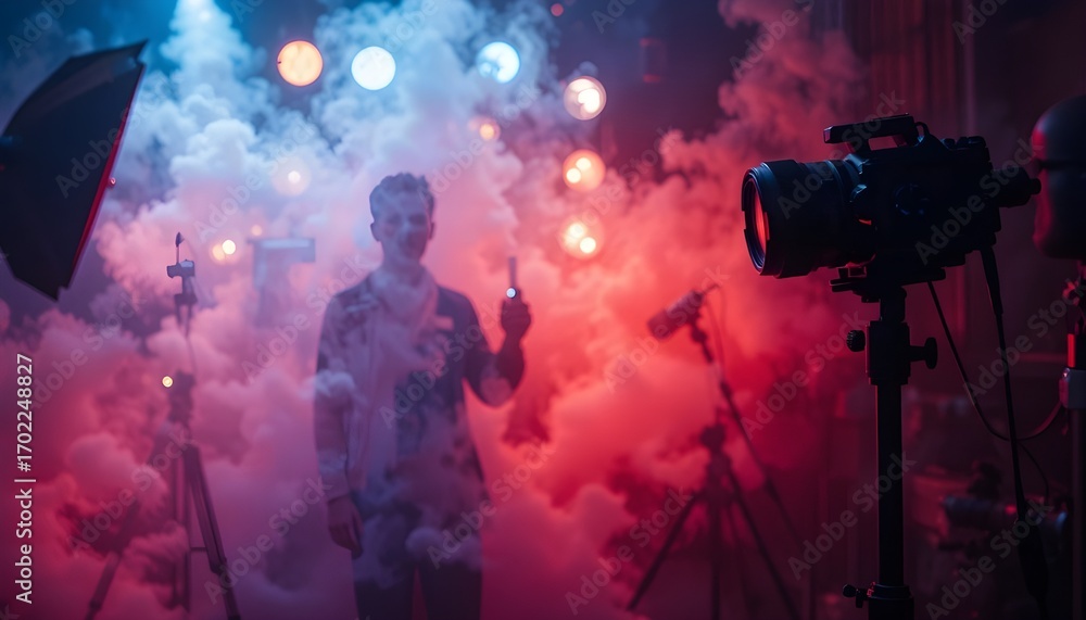 Fototapeta premium Studio Spotlight Silhouette with Blurred LED Lights and Smoke Background