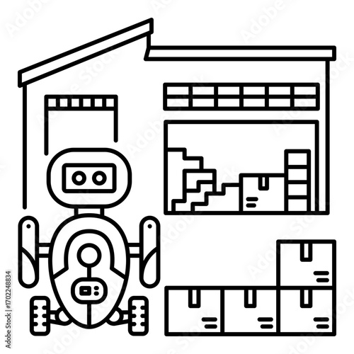 Autonomous Robot Warehouse Operations Line Vector. Industrial Automation Robot with Smart Technology and Automated Logistics System Moving Cardboard Boxes in a Modern Factory.