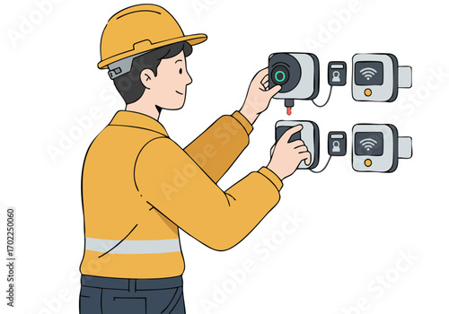 A construction worker adjusts security systems with a tablet, showcasing modern access control. Clean, bright illustration with a focus on technology and security.