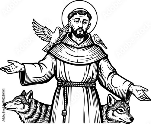 Hand drawn illustration of Saint Francis of Assisi..
