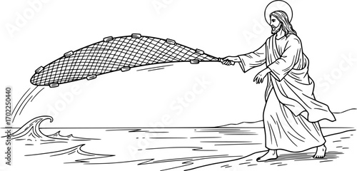 Hand drawn illustration of Jesus casting the nets.
