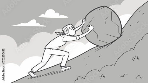 Determined Figure Pushing a Boulder Up a Steep Hill Overcoming Obstacles