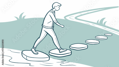 Illustrated Man Progressing Along Stepping Stones Towards a Path