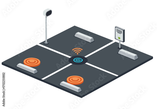 Isometric illustration of a smart parking lot detection system. Modern design, clear lines, and a focus on technology. Ideal for business and urban planning visuals.