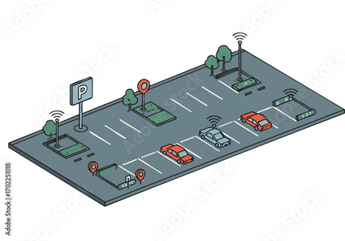 Isometric illustration of a smart parking lot with connected vehicles and sensors. Modern, clean design showcasing technology and urban infrastructure. Ideal for tech, city, and parking concepts.