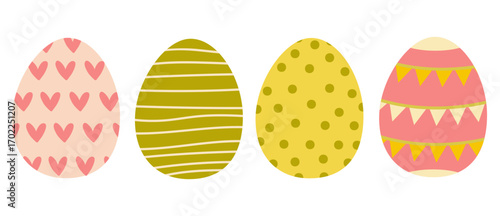 Decorative Easter eggs in pastel colors displayed in a row with various patterns for spring celebrations