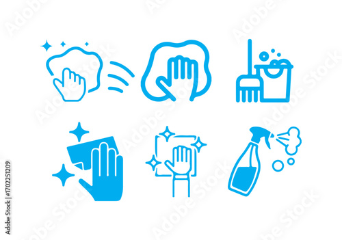 Blue Cleaning icon set. Cleaning, washing hands, shower, seminar, soap, respiratory mask, doodle line icons showing cleaning tools and supplies like spray bottle. vector illustration eps 10.