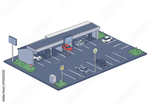 Isometric parking garage illustration featuring IoT technology Modern design showcasing smart parking solutions with connected vehicles and wireless signals Ideal for tech and business visuals
