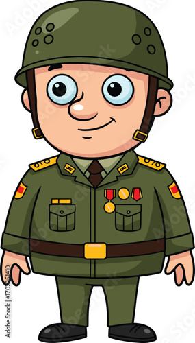 Cartoon illustration of a smiling soldier in green military uniform and helmet, wearing medals and rank insignia, standing confidently.