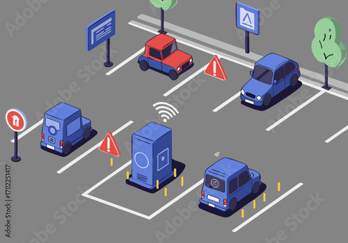 Isometric parking lot scene with cars and security equipment. Illustrative style, modern design, showcasing wireless connectivity. Ideal for tech, urban, and security concepts.